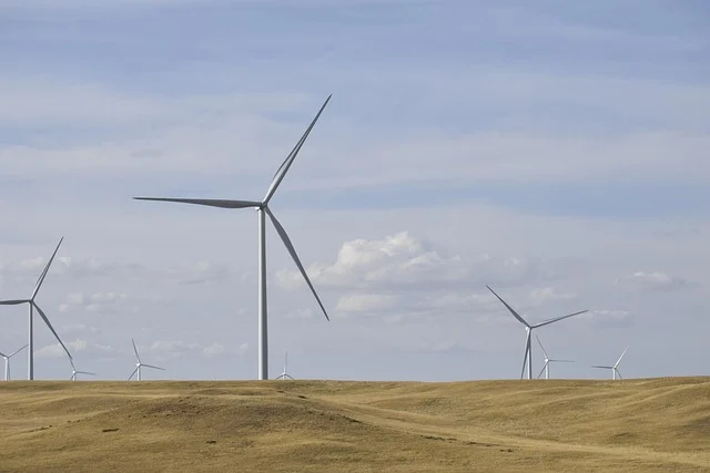 Wind turbines generating renewable energy in a field under a cloudy sky.