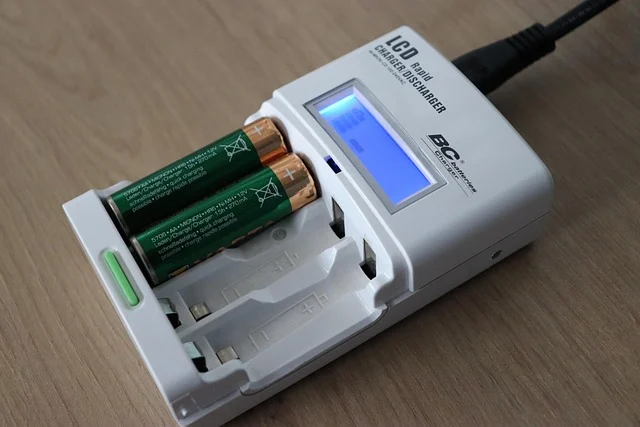 AA batteries charging in a rapid charger with an LCD screen.