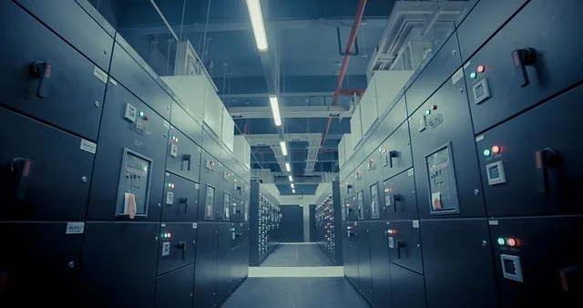 Rows of electrical panels in a server room or industrial setting.