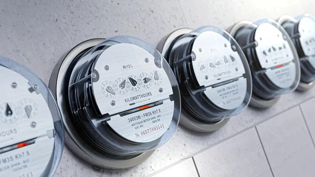 A row of analog electricity meters measuring kilowatt-hours on a wall.
